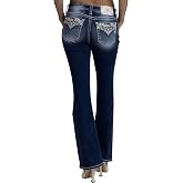 Miss Me Women's Winged Logo Embellished Faux Flap Pockets Mid-Rise Bootcut Jeans