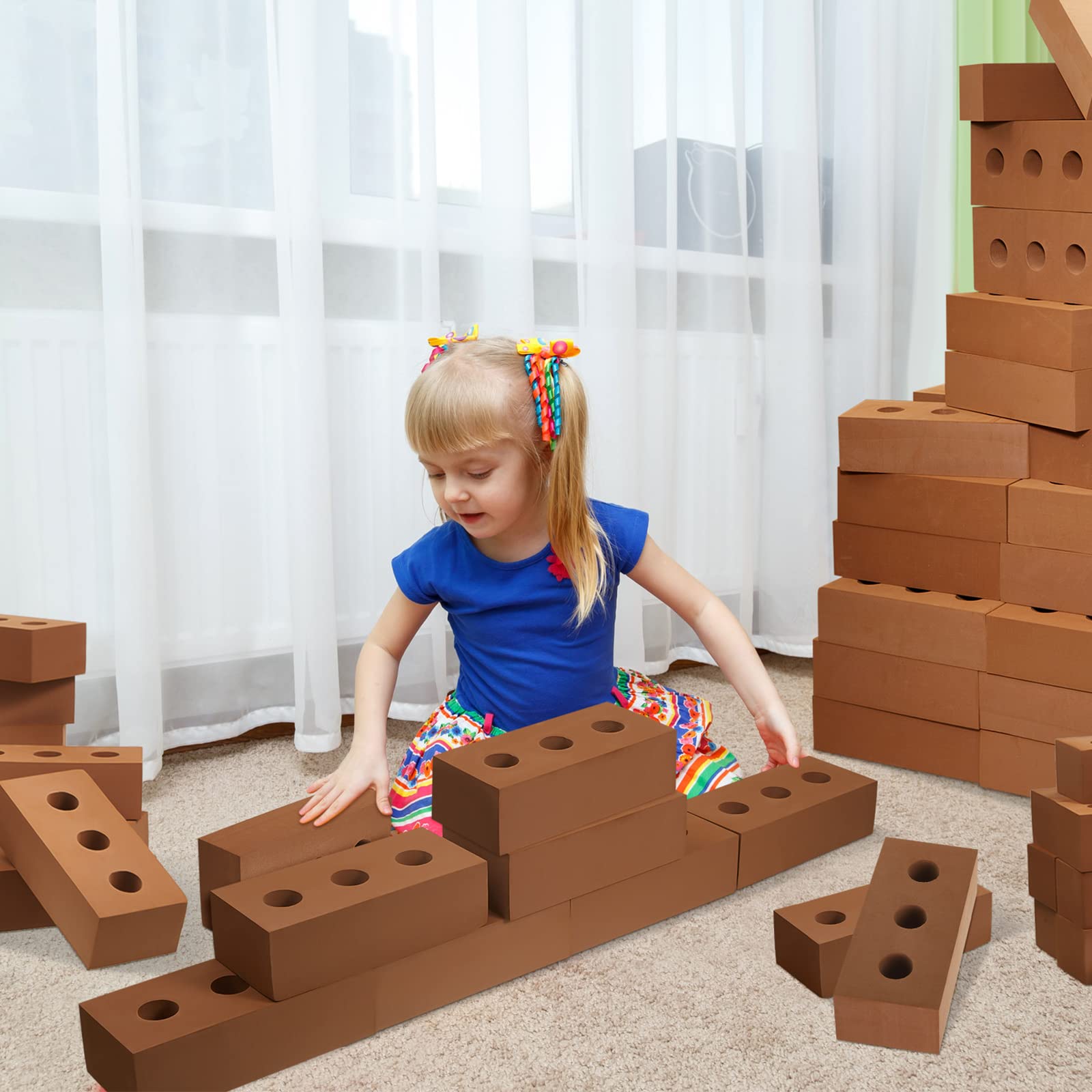Deekin 30 Pcs Foam Brick Building Blocks for Kids Thick Blocks Foam Large Fake Brick Construction Toy for Stacking Construction, 8 x 4 x 2.4 in (Circle Holes)