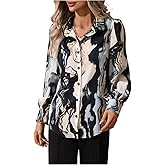 Floerns Women's Marble Print Button Down Blouse Lantern Long Sleeve Business Casual Shirts