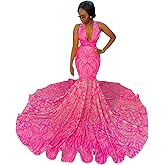 Engerla Sequined Mermaid Evening Dress V Neck Sleeveless Pink Pageant Prom Dress Celebrity Party Gowns