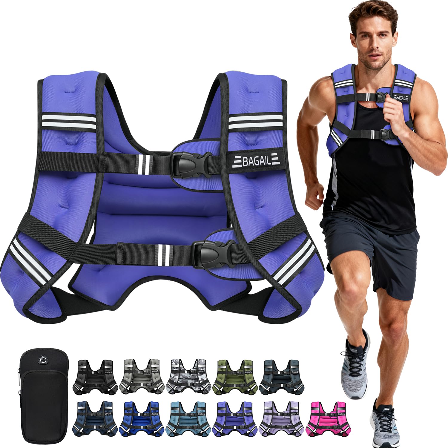 BAGAIL Comfort-Fit Weighted Vest for Man, Even Weight Distribution, Faster Weight Loss, No-Chafe or Bounce for Walking & Running with Detachable Phone Pouch & Reflective Stripes (Available 5-30lbs) Image