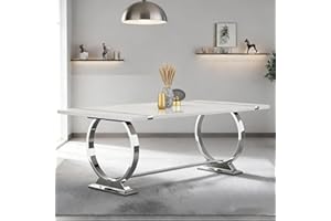 80 Inch White and Silver Dining Table for 6-8 People, White Kitchen Table with U-Shaped Chrome Metal Base, Modern Rectangular