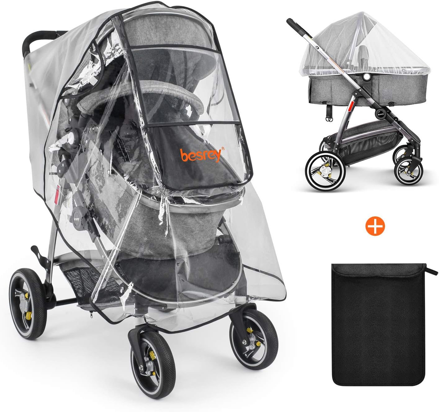 Besrey Stroller Rain Cover and Baby Stroller Mosquito Net(2-Piece Set), Universal Weather Shield, Windproof Waterproof for Travel Protect from Dust Snow Rain Insects