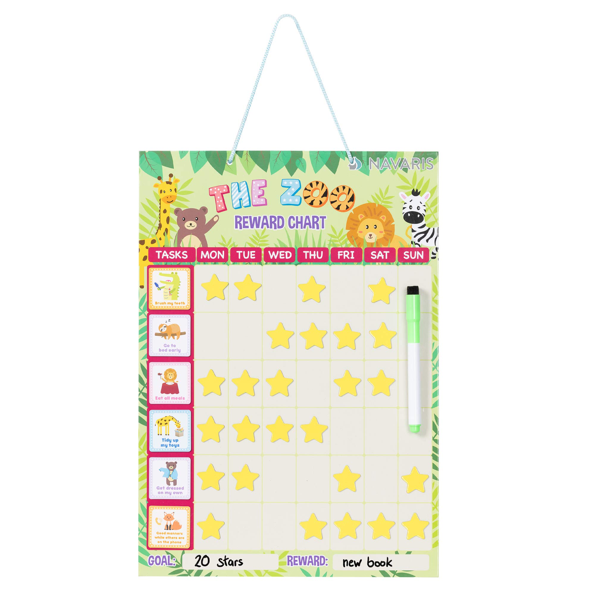 Navaris Kids Magnetic Reward Chart - Behaviour Rewards Board Weekly Planner for Children - with Stars, Activity Magnets, Pen - Zoo Design