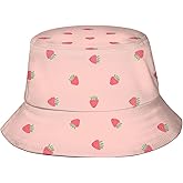 Pink Strawberry Background Unisex Bucket Hat Reversible Fisherman Hat Plant Printed Solid Color Outdoor Sun Hat Packable -