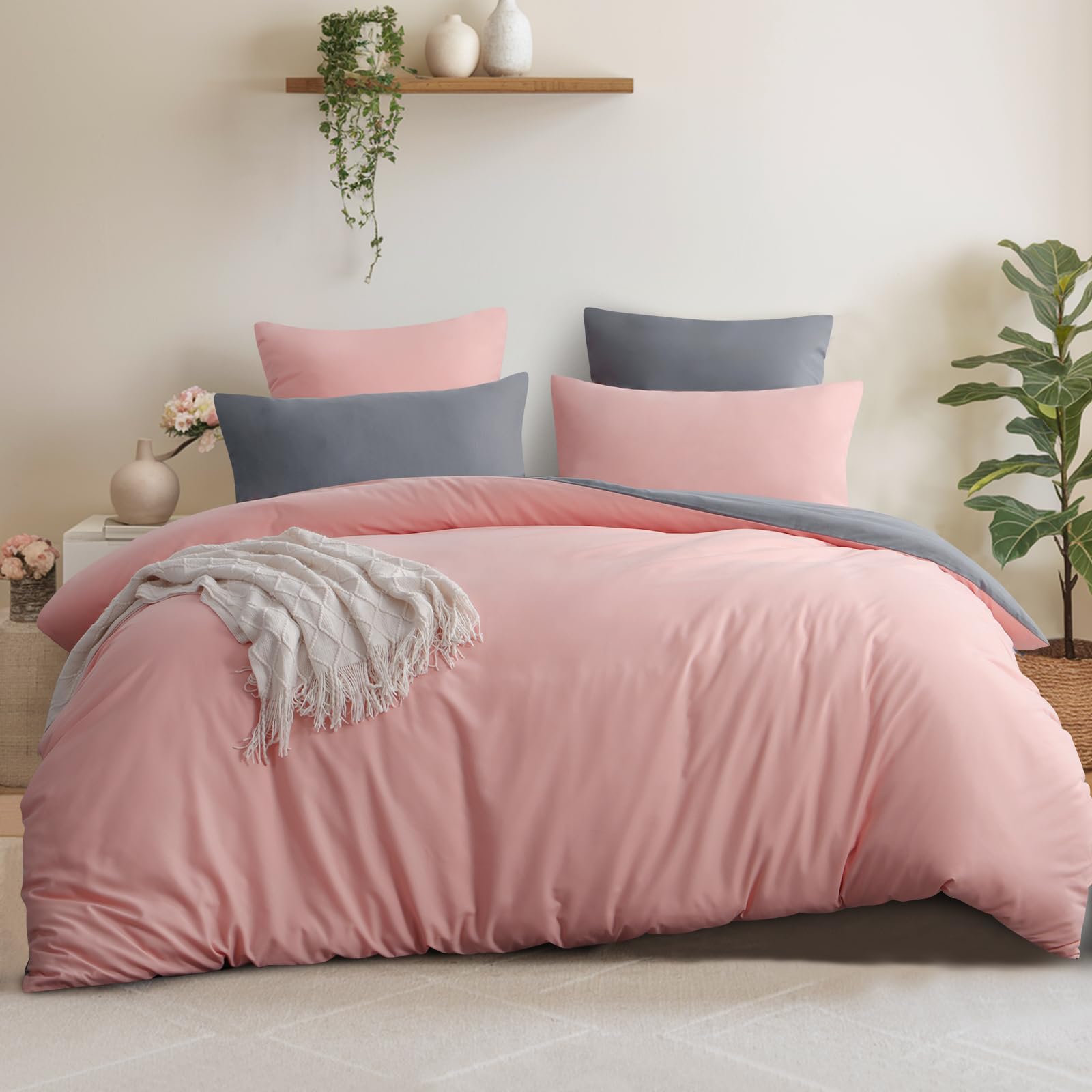 Aisbo King Size Duvet Cover Set - 3Pcs Reversible Bedding Bed Set Peach Pink and Grey Kingsize Soft Brushed Microfiber Quilt Cover with 2 Pillowcases 50x75cm