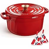Overmont Enameled Cast Iron Dutch Oven - 5QT Pot with Lid Cookbook & Cotton Potholders - Heavy-Duty Cookware for Braising, Stews, Roasting, Bread Baking red