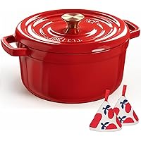 Overmont Cast Iron Dutch Oven - Dual Widened Handles -Enameled Pot with Cookbook - Heavy-Duty Enamel Cookware with Cotton Pot