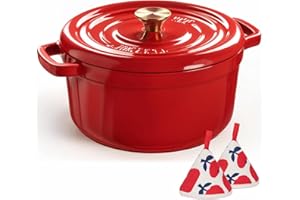 Overmont Cast Iron Dutch Oven - Dual Widened Handles -Enameled Pot with Cookbook - Heavy-Duty Enamel Cookware with Cotton Pot
