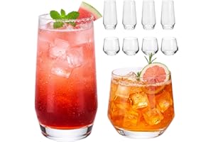 Gala Houseware Drinking Glasses Set of 8, Glass Cups with 4 Tall 20 oz Highball Glasses & 4 Short 13 oz Rocks Glasses, Lead-F