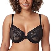 DELIMIRA Women's Front Closure Lace Underwire Sheer Bras Plus Size Full Coverage Sexy Plunge Unlined Bra