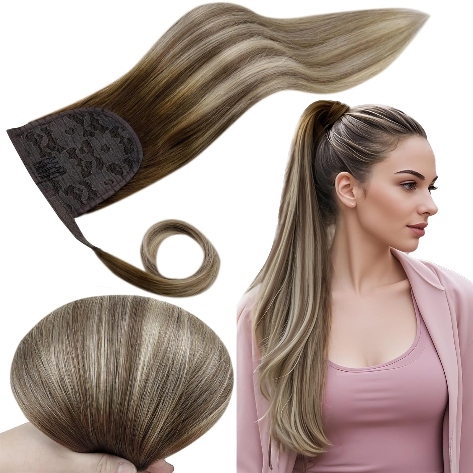 RUNATURE Ombre Ponytail Hair Extensions Real Hair Brown to Medium Blonde Clip in Ponytail Extension Human Hair Balayage Ponytail Extensions 20 Inch 80g — image 1