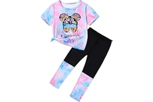 DONWEN Girls Clothes Tie Dye Outfits,2 Piece Girl Sweatsuit Graphic Short Sleeve Tops Long Pants Summer Clothes for Girls