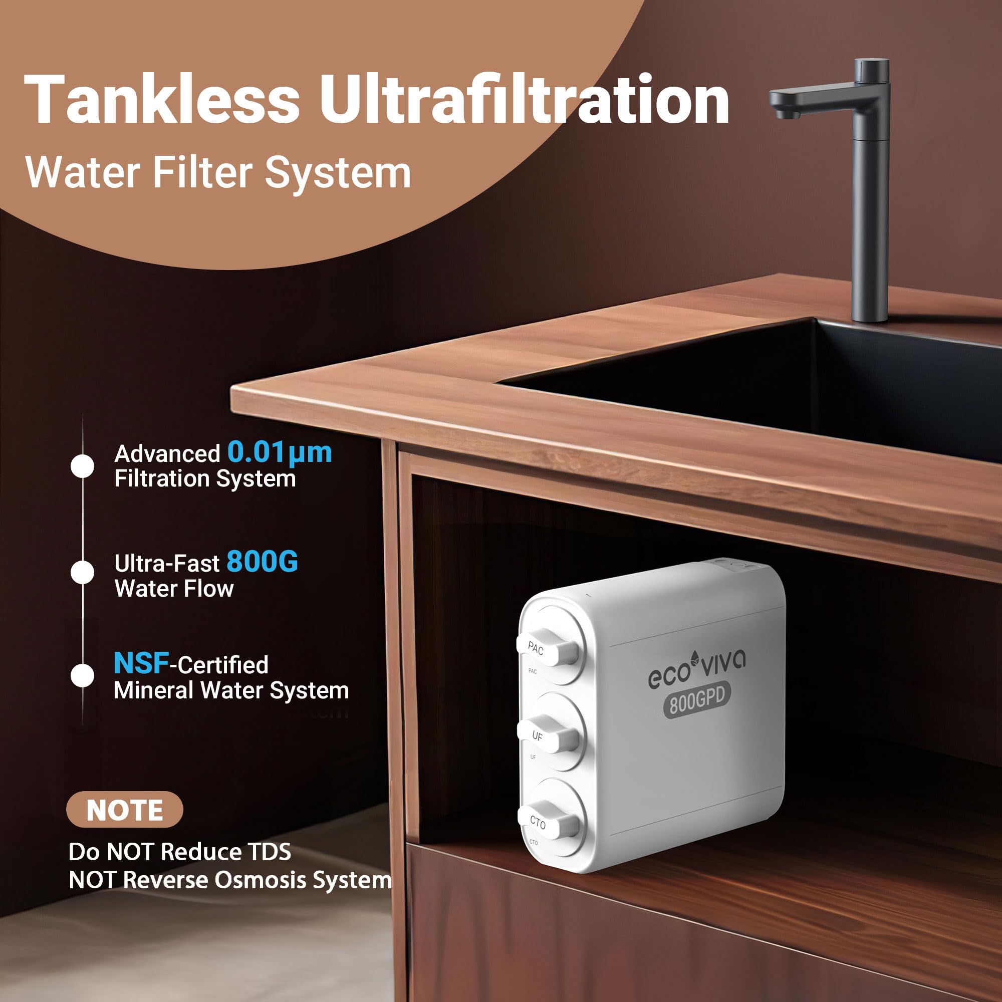 Ecoviva 0.01μm Ultra-Filtration Under Sink Water Filter, 4-Stage 800GPD Tankless Water Filtration System, Compact Design, No Electricity & Zero Wastewater, Preserves Beneficial Minerals, NO Reduce TDS