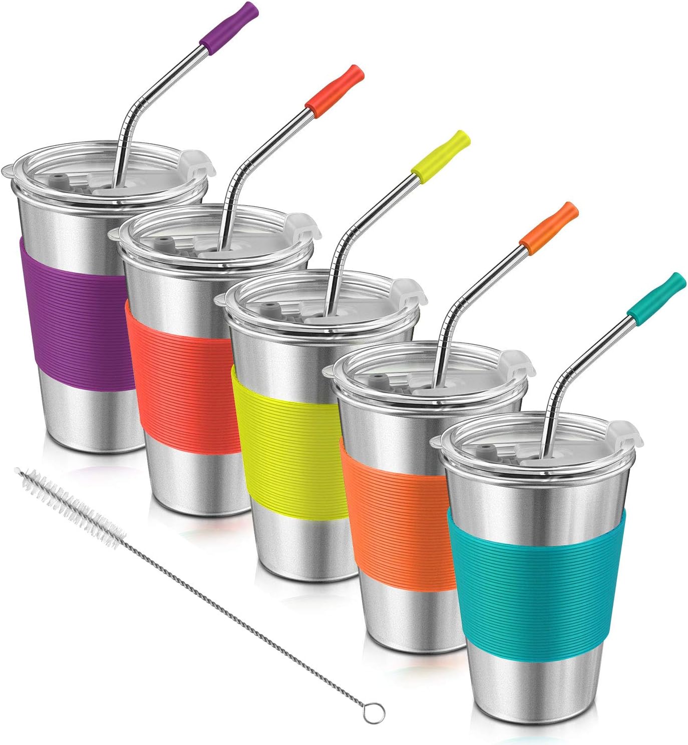 Kids Cups, Kereda Toddler Cups, Stainless Steel Cups 5 Pack 16 oz with Plastic Lids Silicone Sleeves and Straws, Leak Proof Eco-Friendly BPA-Free for Drinking, Multi Colors