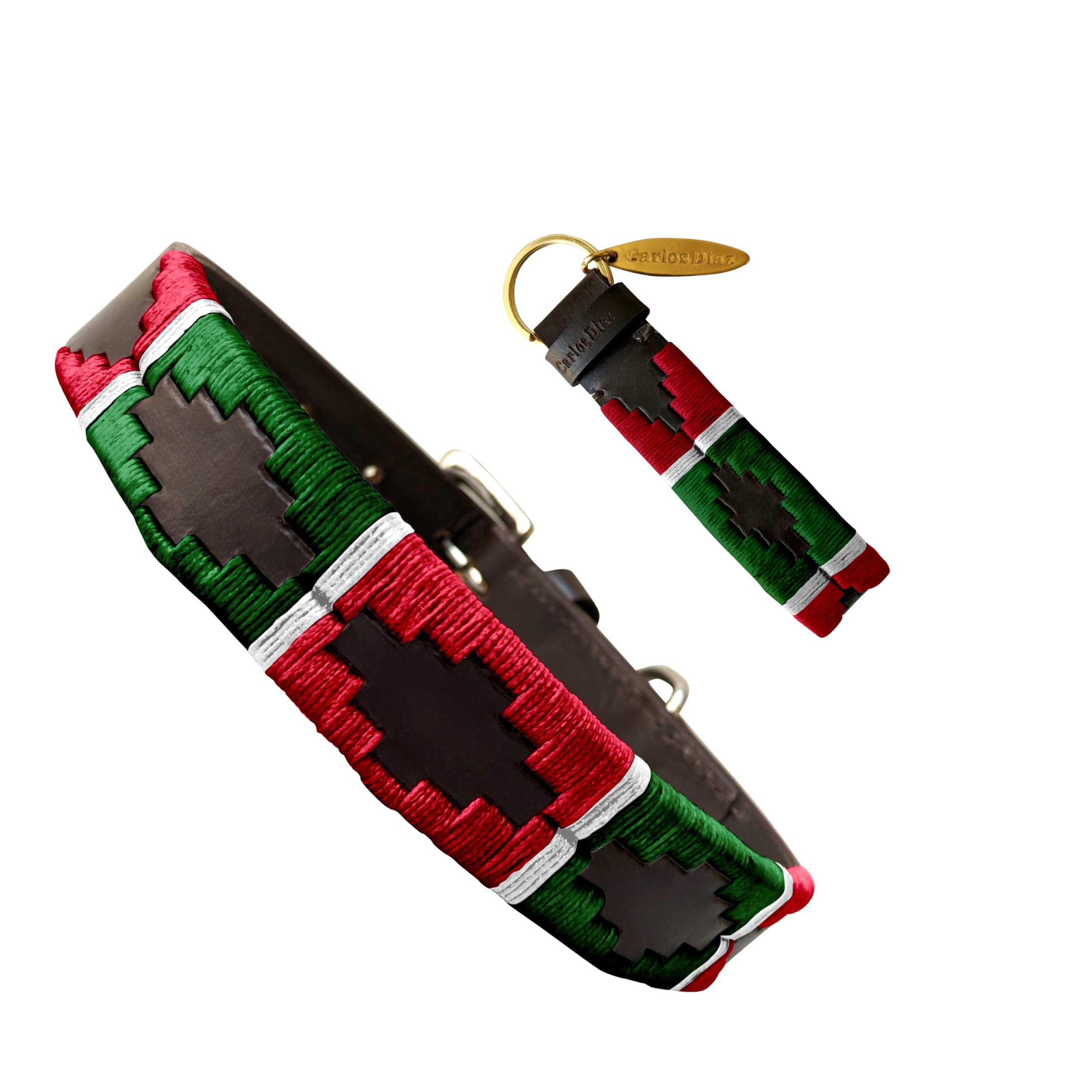 Carlos Diaz Genuine Leather Waxed Embroidered Polo Dog Collar M