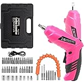 Pink Cordless Electric Screwdriver Set, 3.7V Rechargeable Small Electric Drill with 47pcs Driver Bit Set, Power 3Nm Screw Gun with 2 Position Handle, Flexible Shaft LED Light for Women