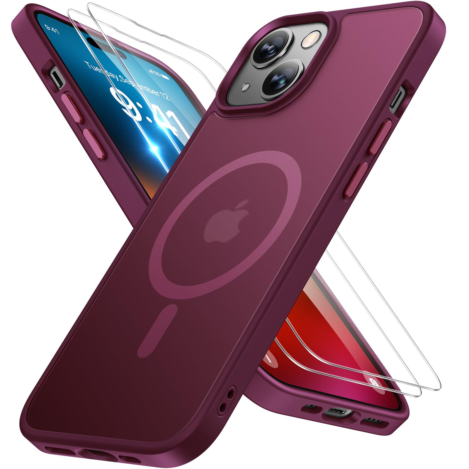 Photo 1 of Miracase Magnetic for iPhone 15 Case (Compatible with MagSafe)?with 2X Screen Protectors? Military-Grade Protection, Anti-Fingerprint Translucent Matte Phone Cover for iPhone 15 6.1 inch, Wine Red