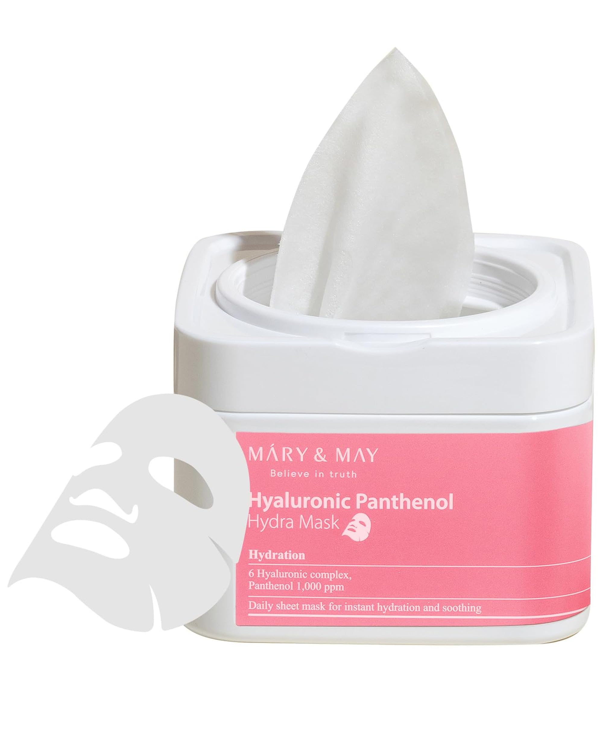 Mary&May Hyaluronic Panthenol Hydra Mask 30 Sheets – Daily Hydrating Sheet Mask with 6 Types of Hyaluronic Acid & Panthenol Pull-Out Tub with Tweezers – Soothing, Vegan Korean Skincare, Hypoallergenic
