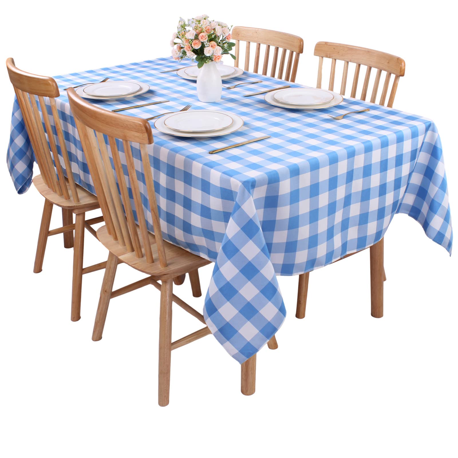 Kesfey 55x108 Inch Sky Blue Gingham Tablecloth Rectangle Polyester Checkered Table Cloth Rectangle Tablecloths Spillproof and Wrinkle Free for Dining Room Plaid Table Cloths Wipe Clean