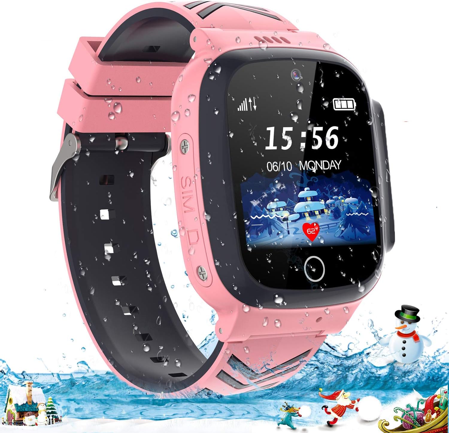 Jaybest Kids Waterproof Smartwatch Phone, LBS Tracker Screen-touch Smartwatch SIM Card with Camera SOS Call Voice Chat Two-way Calling for kids Boys Girls Birthday Gifts(Dark)