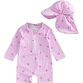KMBANGI Newborn Toddler Baby Girl Bows Swimsuit Seersucker Bathing Suit Long Sleeve Stripes Rash Guard Cute Swimwear with Hat