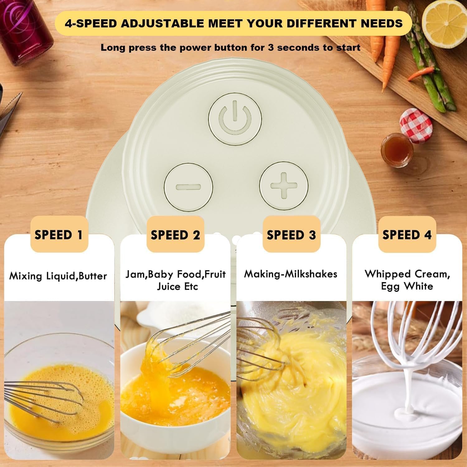 3-in-1 Elektrischer Schneebesen, PowCube Handmixer, Kleiner Kabelloser Stabmixer, Mini Zwiebelhacker 300ML, Wiederaufladbarer Elektrischer Schneebesen, Tragbarer 4-Gang-Handmixer 5