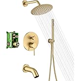 SUMERAIN Shower System with Tub Spout and Handheld Shower, Brass Rain Shower Tub Set with 8 Inches Shower Head and Rough in Valve Brushed Gold