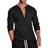 Muscle Cmdr Men's Waffle Henley Shirts Long Sleeve T-Shirt Stylish Casual 5 Button Placket Slim Fit Tee Thermal Underwear