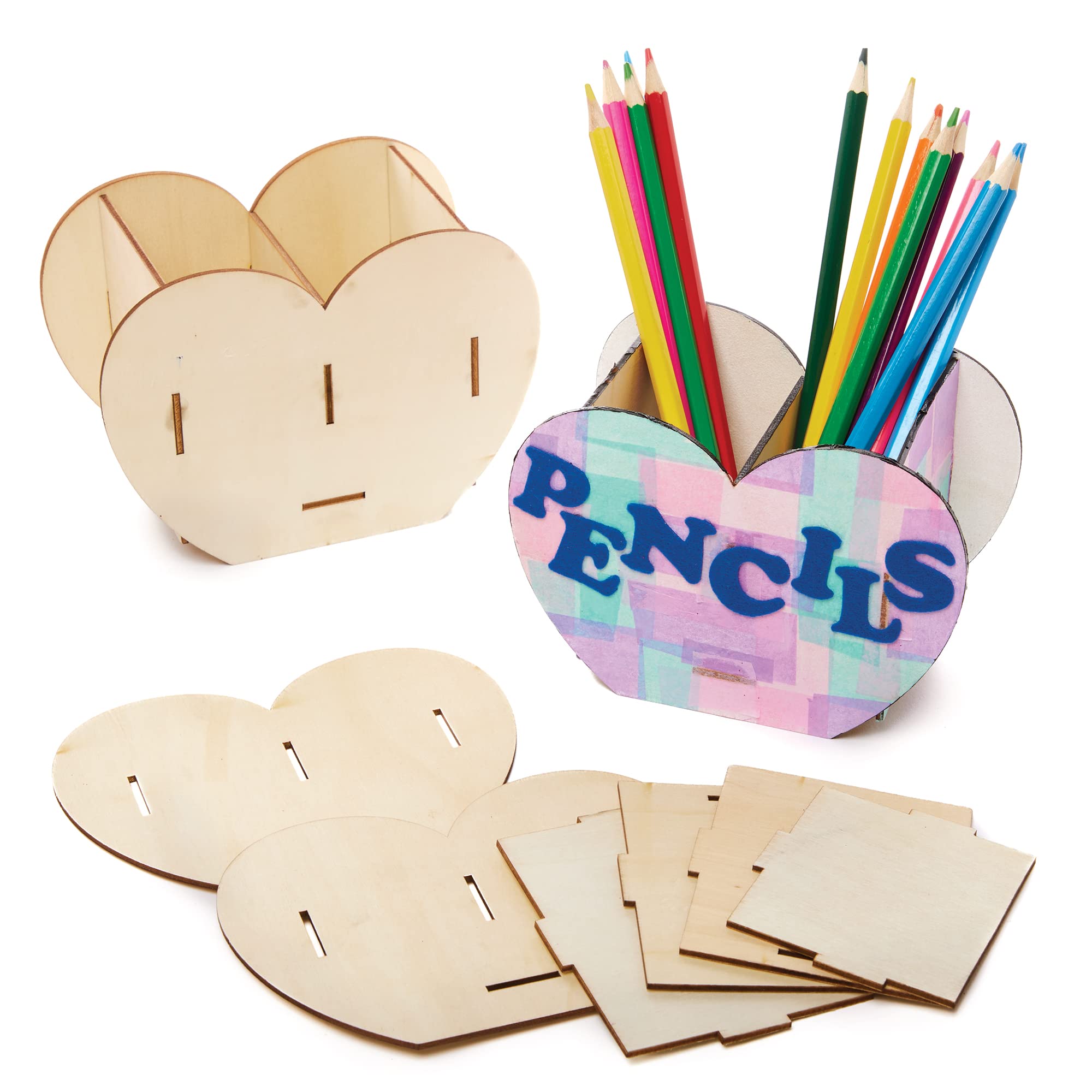 Baker Ross FX498 Heart Wooden Pen Pot Kits - Pack of 3, Valentines Wood Craft Kits for Kids