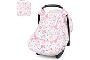 GFU Baby Car Seat Cover Winter, Windproof Carseat Covers for Newborn with 2 Layers Window, Pink Flowers Infant Car Seat Canopy for Girls with Minky Dot Backing, Keeps Babies Warm and Cozy