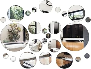 Aneco 52 Pieces Flexible Mirror Wall Stickers Set Removable Acrylic Mirror Circle Self Adhesive Plastic Mirror Decal for Home Decor
