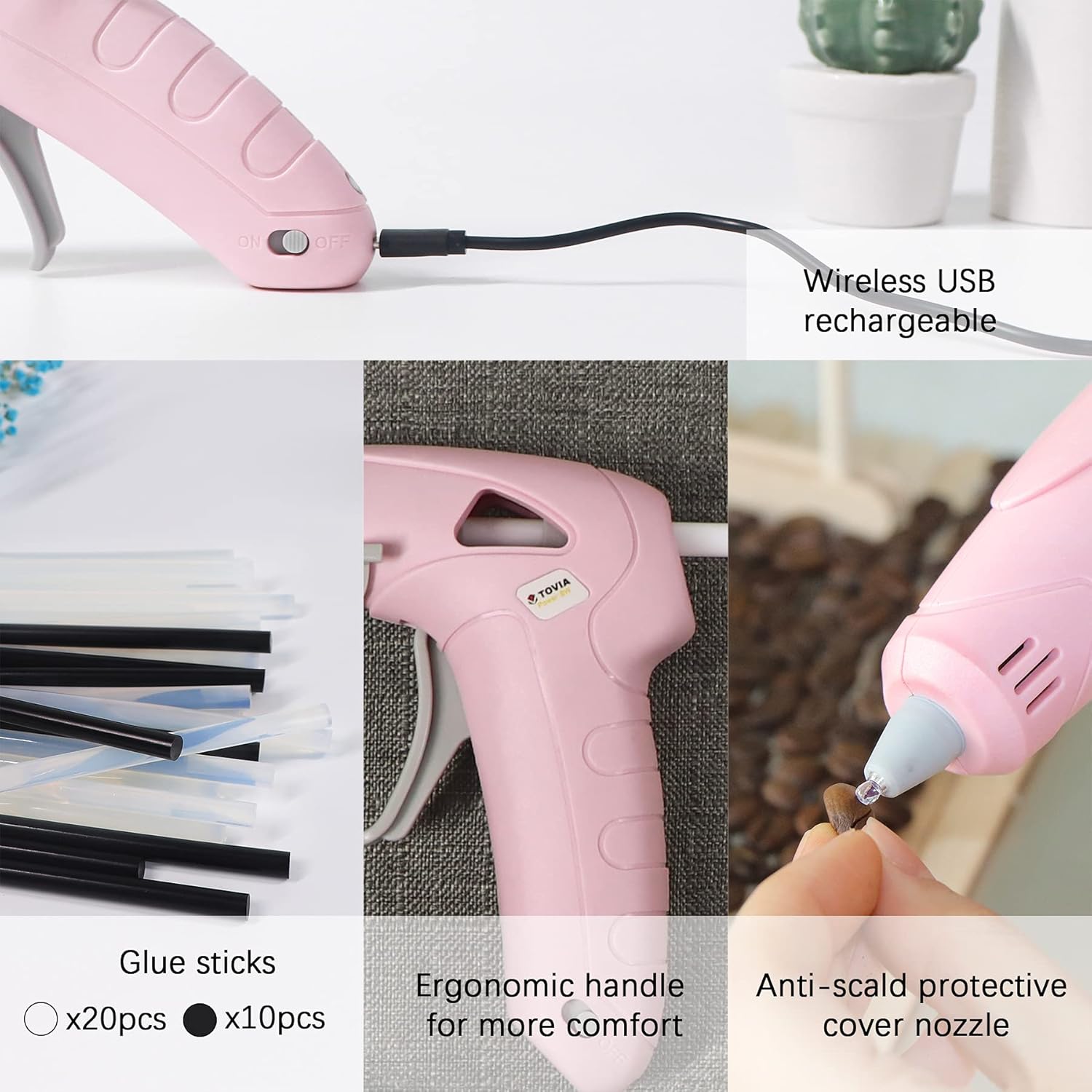 T TOVIA Wireless Hot Glue Gun, Battery Operated Mini Cordless Rechargeable Hot Melt Gun Kit with 30pcs Clear and Black Glue Sticks for Children Adults DIY Crafts, Home Decoration, Daily Repairs(Pink): Home Improvement