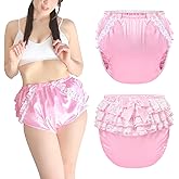 Littleforbig Washable Reusable Waterproof Ruffled Lace Bow Pretty in Pink Satin Over Adult Diaper Cover XXL