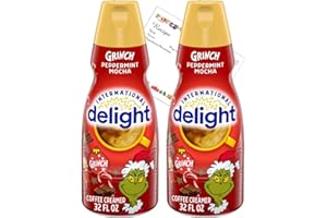 Coffee Creamer Bundle. Includes Two (2) 32 fl oz bottle of International-Delight Liquid Coffee Creamer and Aurecor Recipe Card, packaging may vary (Grinch Peppermint Mocha)