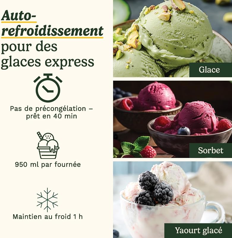 FreezeEase – Sorbetière à auto-refroidissement 3 préréglages | Glace, Sorbet, Yaourt glacé | Aucun pré-congélation nécessaire | Prête en 40 minutes | Fonction de maintien au frais