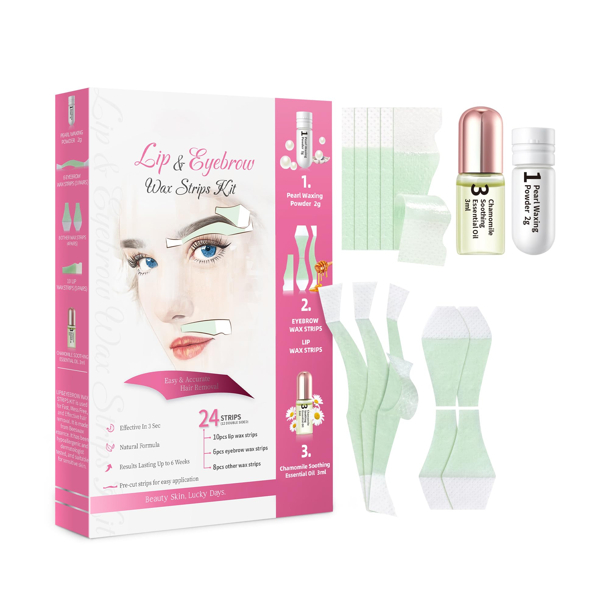 Eyebrow and Lip Waxing Kit Lip wax strips Facial Wax Strips 24 Strips Hair Removal Eyebrow for All Skin Types Pearl Powder 2g Essential Oil 3ml long last for 6weeks