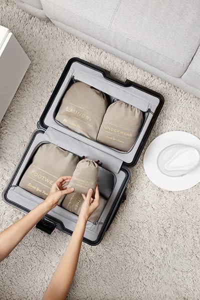 5 SET TRAVEL ORGANIZER BAGS | PACKING POUCHES | LUGGAGE ORGANIZERS | LABELED ORGANIZERS FOR SUITCASE | TRAVEL PACKING BAGS FOR UNDERWEAR, SHOES, LAUNDRY, ACCESSORIES | ORGANIZERS WITH DRAWSTRINGS