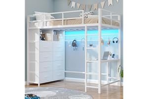 BTHFST Twin Loft Bed with Desk & 8 Storage Drawers Tall Dresser, White Metal Loft Bed with LED Lights & Charging Station, 2-Tier Storage Shelves, Stable & Sturdy, Noise Free, White
