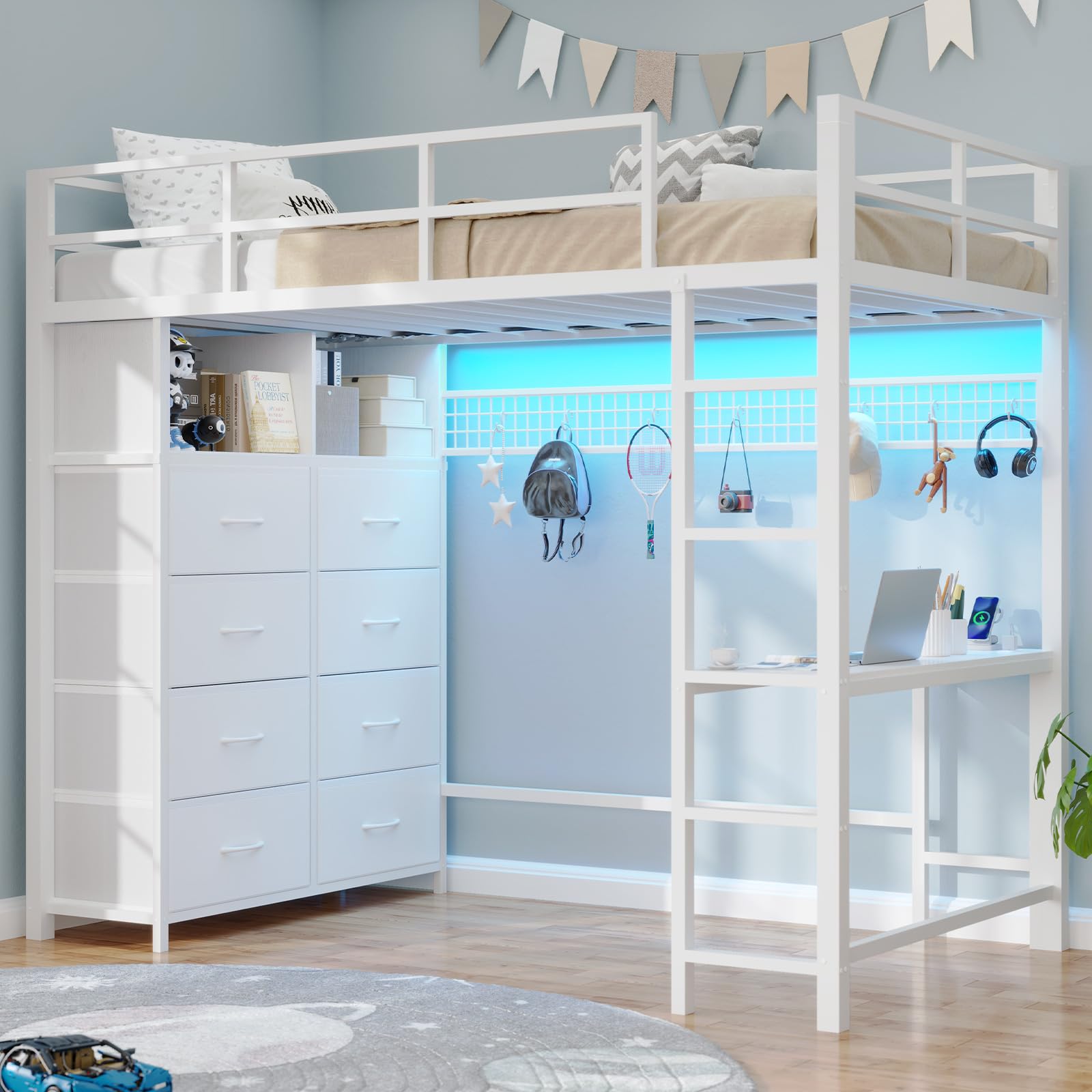 Photo 1 of *****missing other box******BTHFST Twin Loft Bed with Desk & 8 Storage Drawers Tall Dresser, White Metal Loft Bed with LED Lights & Charging Station, 2-Tier Storage Shelves, Stable & Sturdy, Noise Free, White