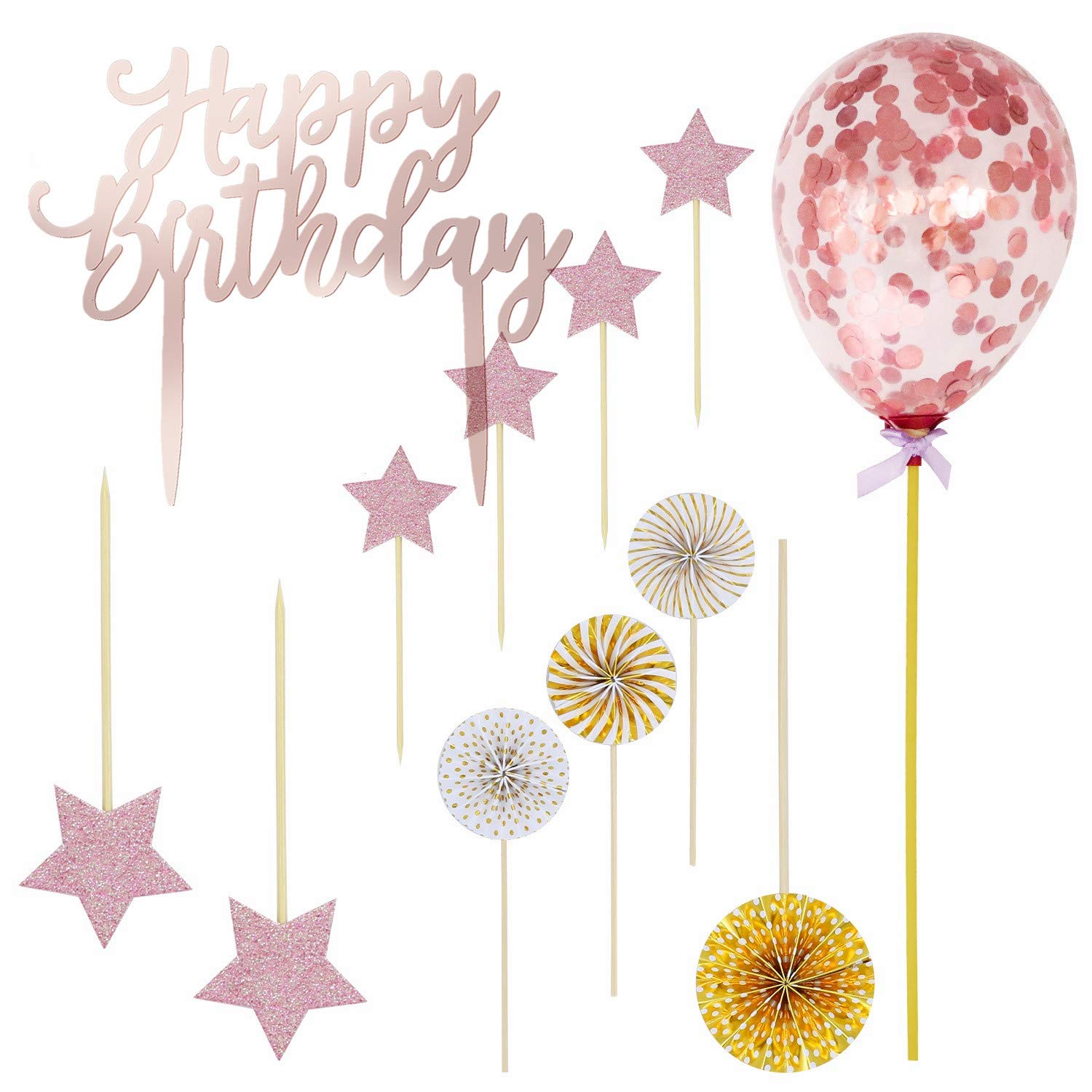 Set of 12 Rose Gold Happy Birthday Cake Toppers Pack Acrylic Glitter Star Fans Confetti Balloon Cupcake Party Decor Decorations (E)