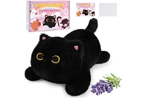 JIZWPOOM Microwavable Stuffed Animals, Weighted Black Cat Plush Heating Pad for Period Cramps, Heatable and Coolable Lavender