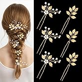 6 Pieces Gold Leaf Wedding Hair Pins, Crystal Pearl Floral Hair Clips, Vintage Bridal Headpiece for Brides, Bridesmaids & Flower Girls (Gold)