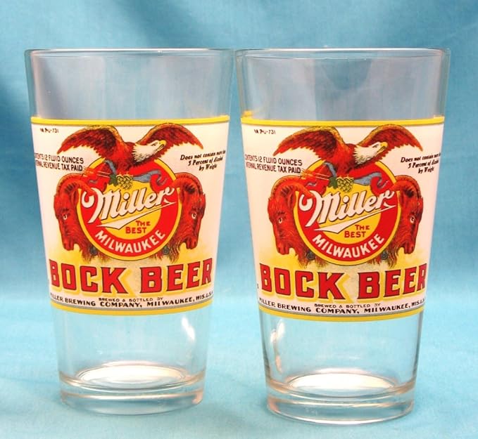 Miller Bock Beer 6in Retro Pint Glass Set Of 2 Beer Glasses