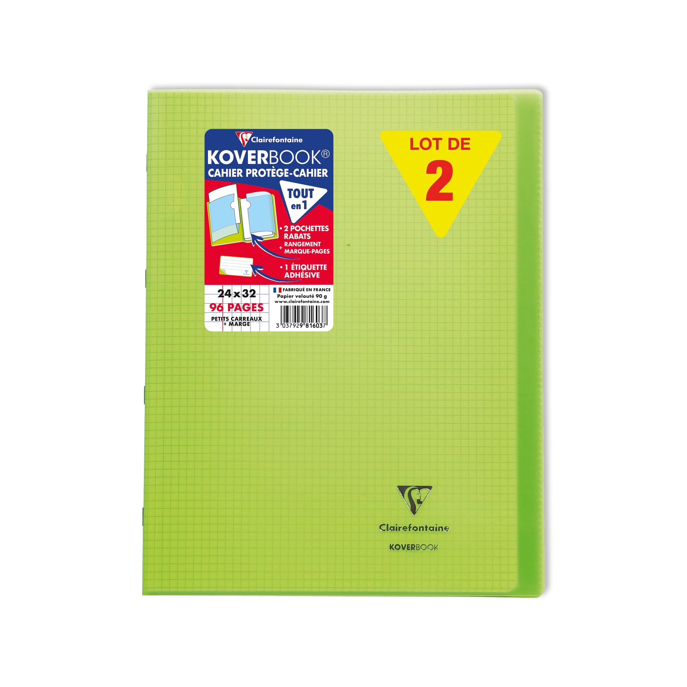 Clairefontaine 981603C A Set of 10 Green Koverbook Stapled Notebooks - 24x32 cm - 96 Small Square Pages with Margin - White Paper 90 g - Polypro Cover