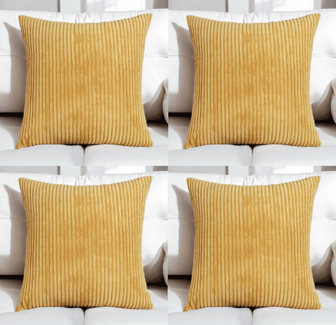 Seechoo Corduroy Cushion Covers, Set of 4, 40 x 40 cm, Plain Soft Striped, Assorted Colours (Yellow Tuscany)