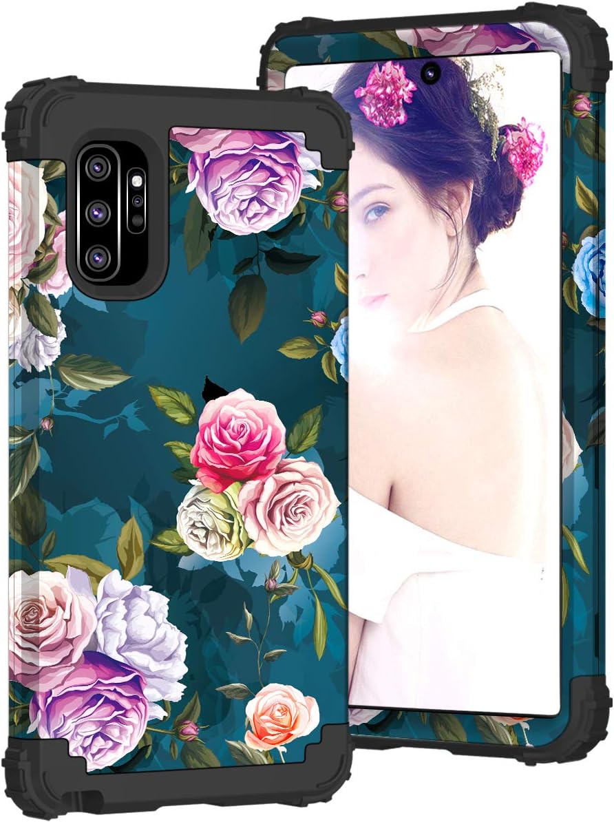 ZHK Galaxy Note 10 Plus Case for Women, Floral 3 Layer Heavy Duty Shockproof Case Full-Body Protection Armor Anti-Scratch Protective Cover for Samsung Galaxy Note 10 Plus 5G(2019 Release)-Rose
