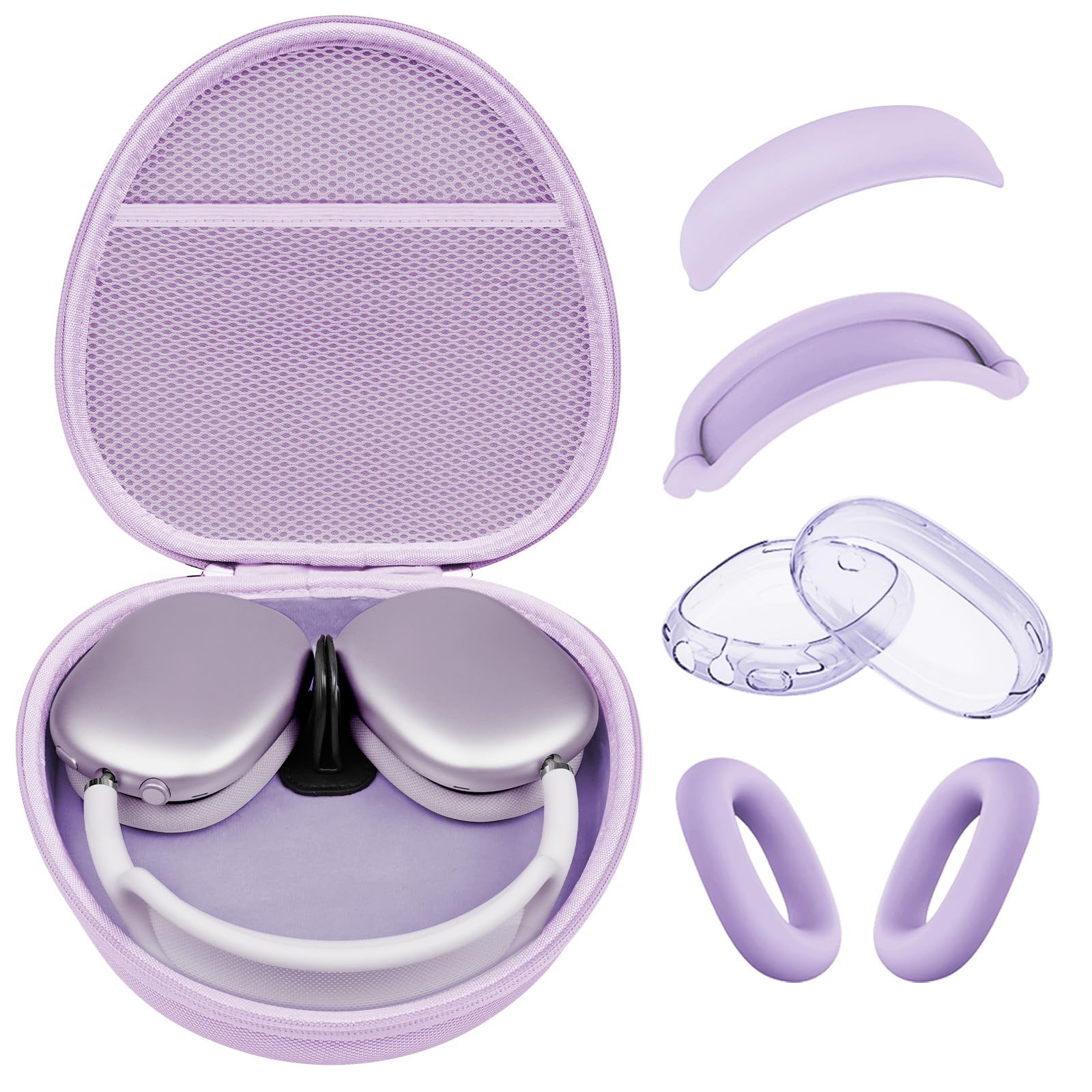 Photo 1 of Hard Case for AirPods Max Supports Sleep Mode,Travel Carrying Headphone Case with AirPods Max Clear Ear Cups Cover/Silicone Earpad Case/Headband Cover,AirPod Max Protective Portable Storage Bag,Purple