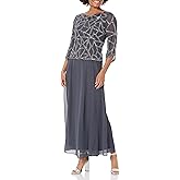 J Kara Women's Cowl Neck 3/4 Bell Sleeve Floral Beaded Mock 2 Piece Long Dress