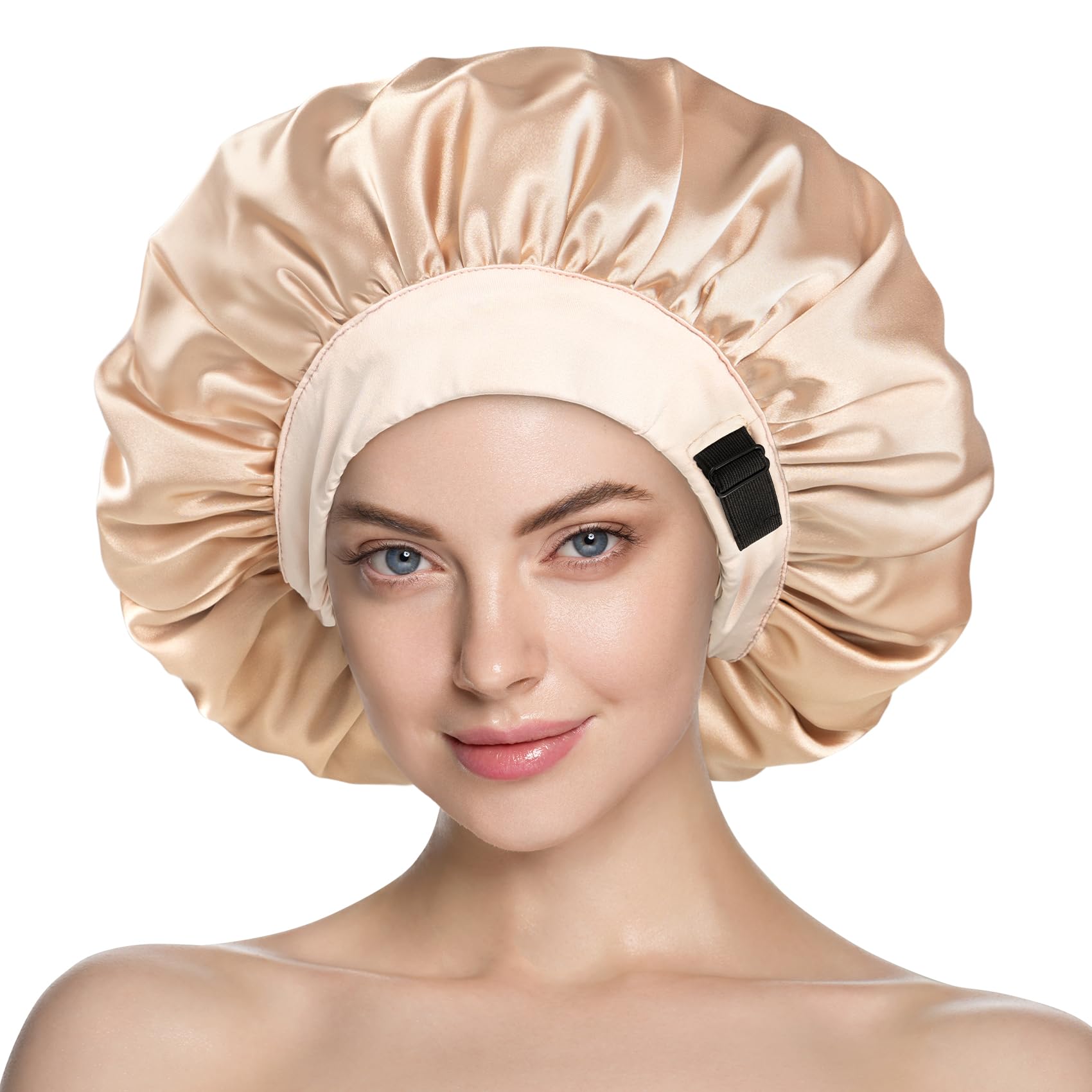 mikimini Satin Bonnet for Sleeping – Double Layer Silky Bonnet, Champagne Hair Bonnet for Women Sleeping Adjustable, Extra Large Bonnet for Long Curly Hair